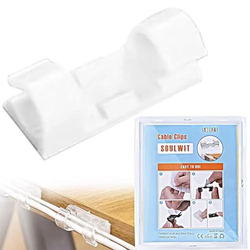 SOULWIT 50 Pcs Self Adhesive Cable Management Clips, Organizers Sticky Wire Clips Cord Holder for TV PC Laptop Ethernet Desktop Home Office (White)