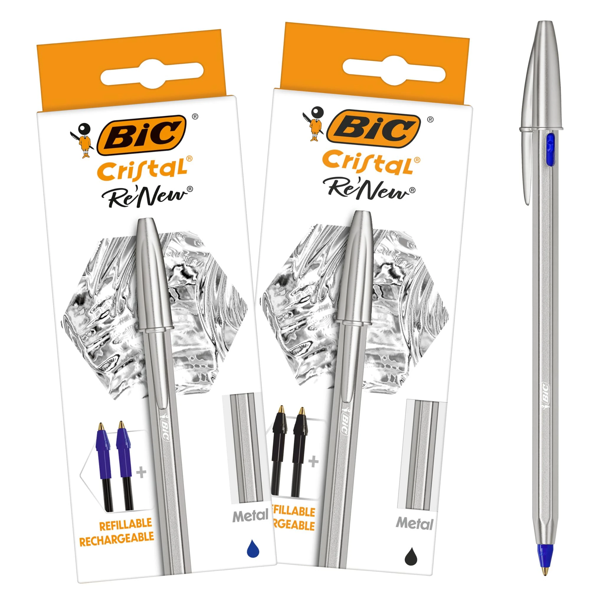 BIC Cristal Re'New, Premium Refillable Ballpoint Pen, in Black and Blue, Pack of 2 Including 2 Refills of Each Colour