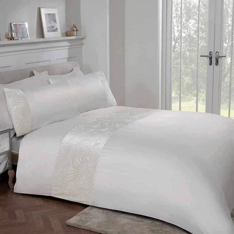 Sleepdown Floral Leaf Velvet Cuff Panel Ivory Cream Luxury Soft Easy Care Duvet Cover Quilt Bedding Set with Pillowcase - Single (135cm x 200cm), 5056242803140
