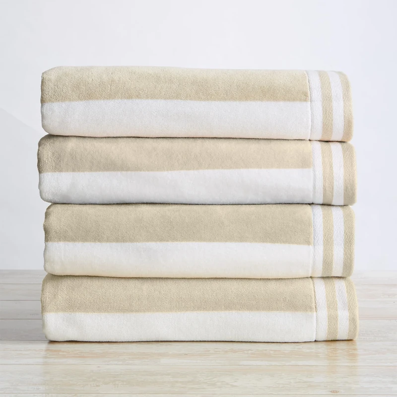 Great Bay Home 100% Cotton Velour 4 Pack Beach Towels | Taupe Cabana Stripe Pool Towels | Quick Dry, Large Swim Towels for Adults and Kids (4 Pack 30" x 60", Linen)