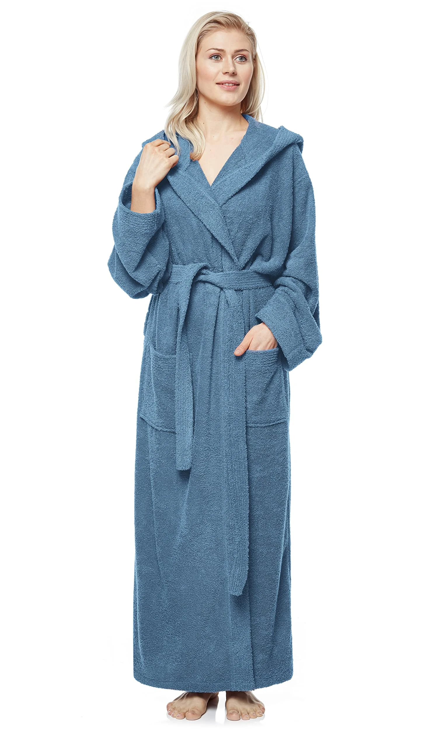 Arus Women's bathrobe with hood, full length, 100% cotton terry, Blue, S-M long