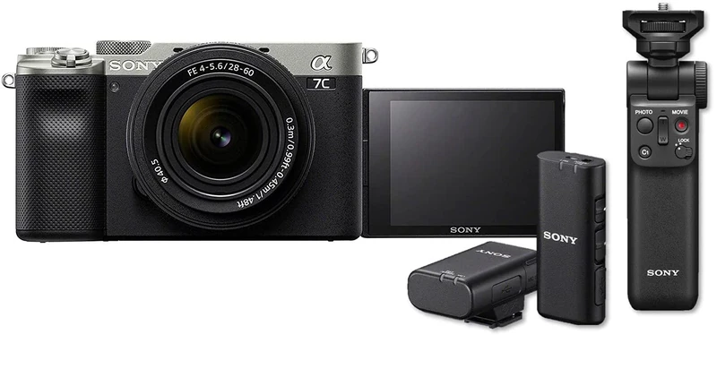 Sony Alpha 7 C | Full-frame Mirrorless Interchangeable Lens Camera with Sony FE 28-60mm F4-5.6 Zoom Lens - Silver, with Wireless Microphone and Handgrip, Bundle