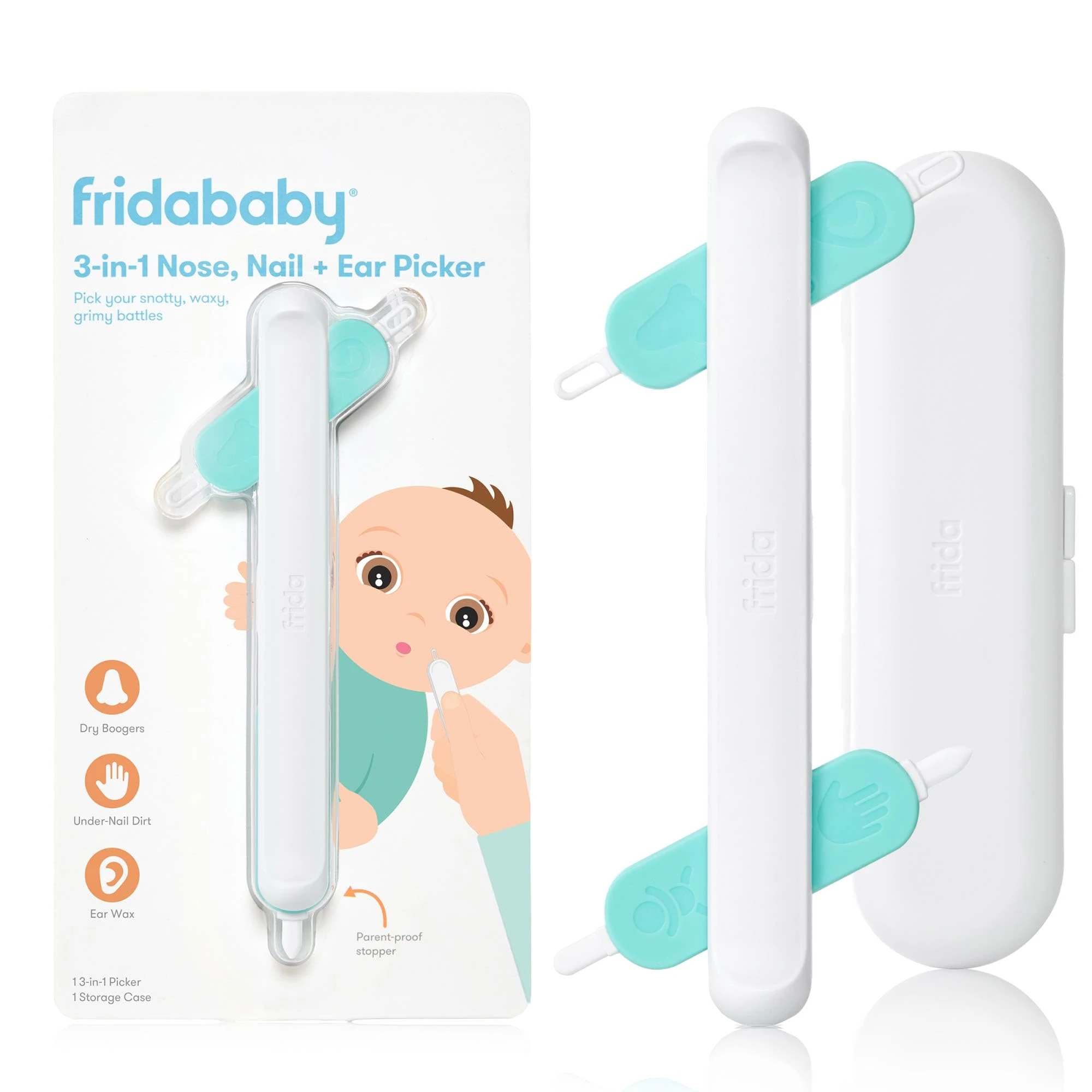 Frida Baby 3-in-1 Nose, Nail + Ear Picker | Baby Ear Cleaner + Baby Nose Cleaner and Nail Tool for Babies + Toddlers, Safely Clean Baby's Bogies, Ear Wax & More