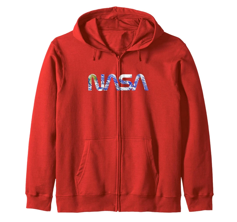 NASA Earth Photo Filled Worm Logo Space Science Zip Hoodie - Image 1