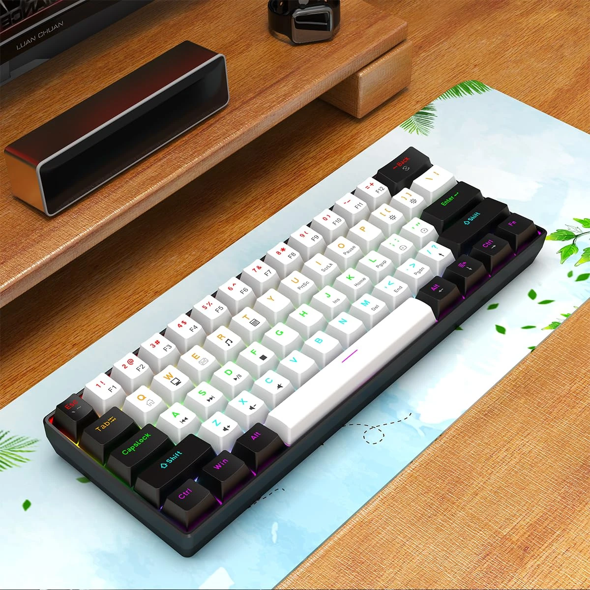 60% Wired Gaming Keyboard, RGB Backlit Ultra Compact Mini Keyboard, Waterproof Mini Compact 61-Key Keyboard for PC/Mac Gamers, Typist, Travel, Easy Travel (Black & White)