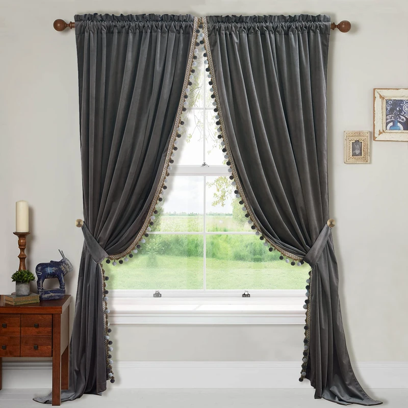 StangH Luxury Pom Pom Grey Velvet Curtains - Room Darkening Window Decorative Curtains for Bedroom Thermal Insulated Rod Pocket Drapes for Living Room/Closet, W52 x L84, 2 Panels & Tiebacks