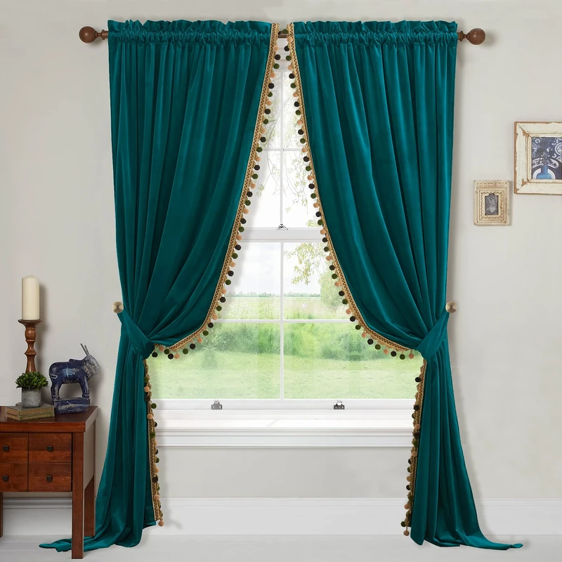 StangH Teal Pompom Velvet Curtains - Luxury Velvet Bedroom & Living Room Curtains, W52 x L84, 2 Panels & Tiebacks