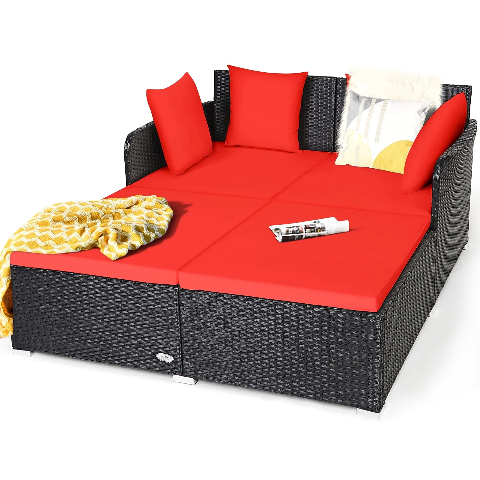 Happygrill Outdoor Rattan Daybed Patio Loveseat Sofa Set with Padded Cushion Pillows and Sturdy Aluminum Foot, Wicker Patio Furniture for Garden Porch Poolside