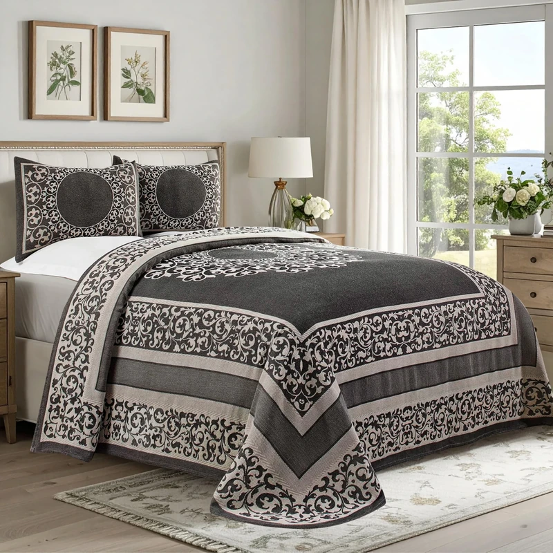 Superior Cotton Blend Bedspread Set, Includes Oversized Bedspread and 2 Matching Pillow Shams, Light Weight Blanket, Bedding Decor, Jacquard Vintage Floral Mandala, Lyron Collection - King, Charcoal
