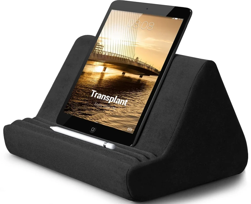 Soft Tablet Stand Pillow with Pocket,Tablet Cushion Stand,Adjustable 3 Viewing Angle,Lazy Holder Stand for Bed Sofa,Compatible with iPads Tablets eReaders Smartphones Books Magazines（Black）…