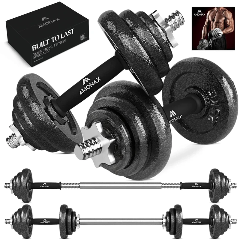 Amonax 20kg Cast Iron Adjustable Dumbbells Weight Set, Barbell Set Men Women, Strength Training Equipment Home Gym Fitness, Dumbell Pair Hand , Bar Bells Free Weights for Weight Lifting
