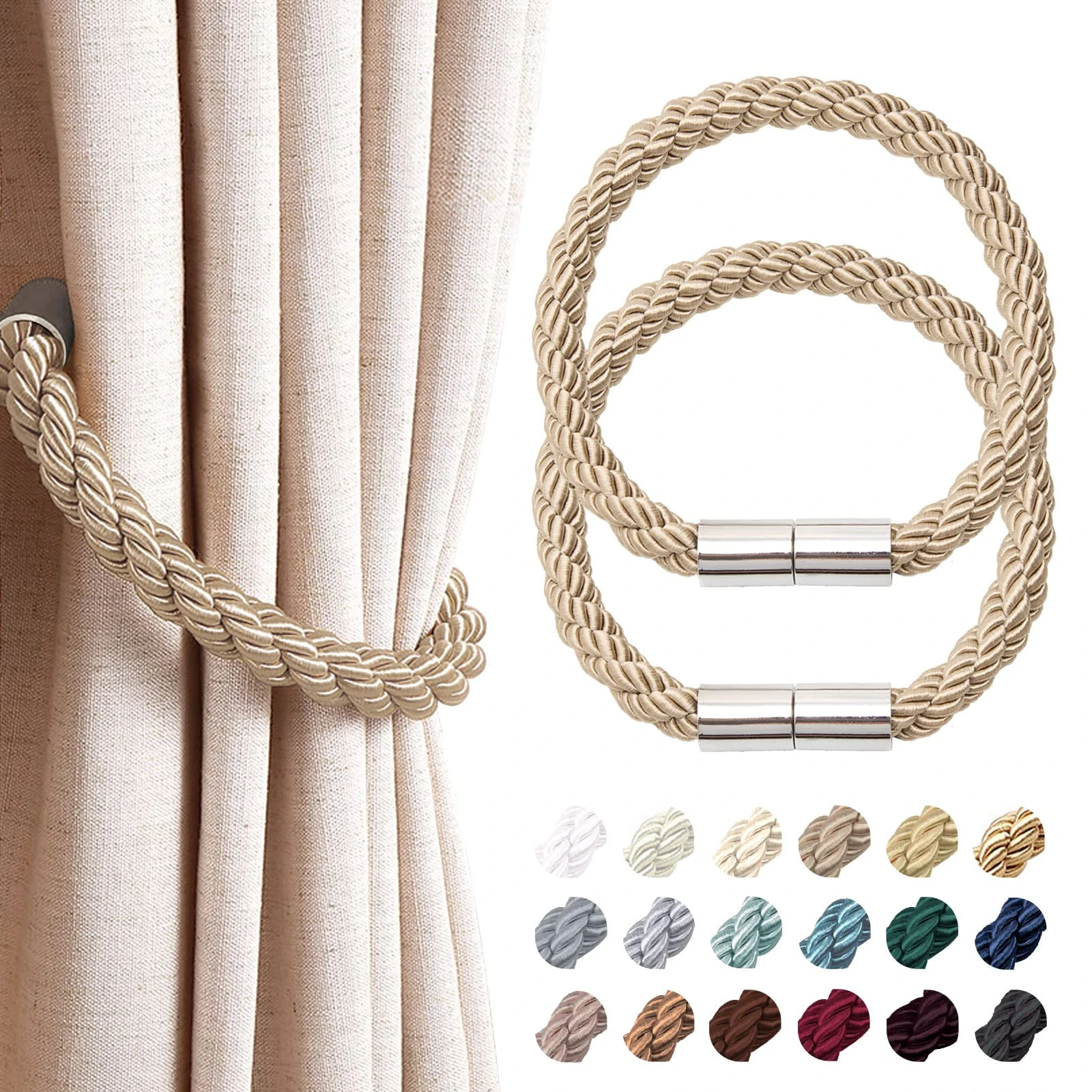 Pretty Jolly 2 Pack Strong Magnetic Curtain Tiebacks Modern Simple Style Drape Tie Backs Convenient Decorative Weave Rope Curtain Holdback for Thin or Thick Home & Office Window Drapery (Khaki)