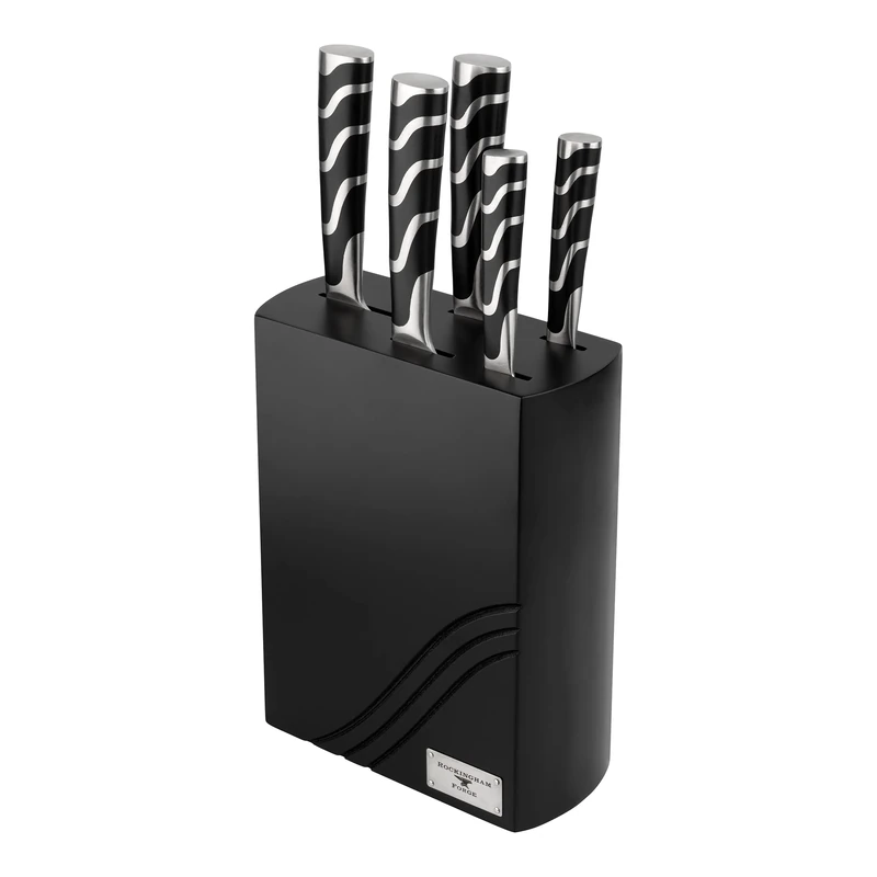 Rockingham Forge 128 Series 6-Piece Kitchen Knife Block Set, Includes 5 Knife Set with Knife Holder Block Stainless Steel Blades, Black Handles, RF-1280/6B