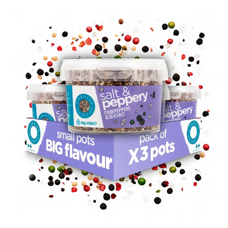 Cornish Sea Salt - Salt and Peppery - Rich in Minerals, Hand Harvested in Celtic Waters, Michelin Starred Chef Approved - Spices for Cooking, Kitchen Accessories - 3 x 140g