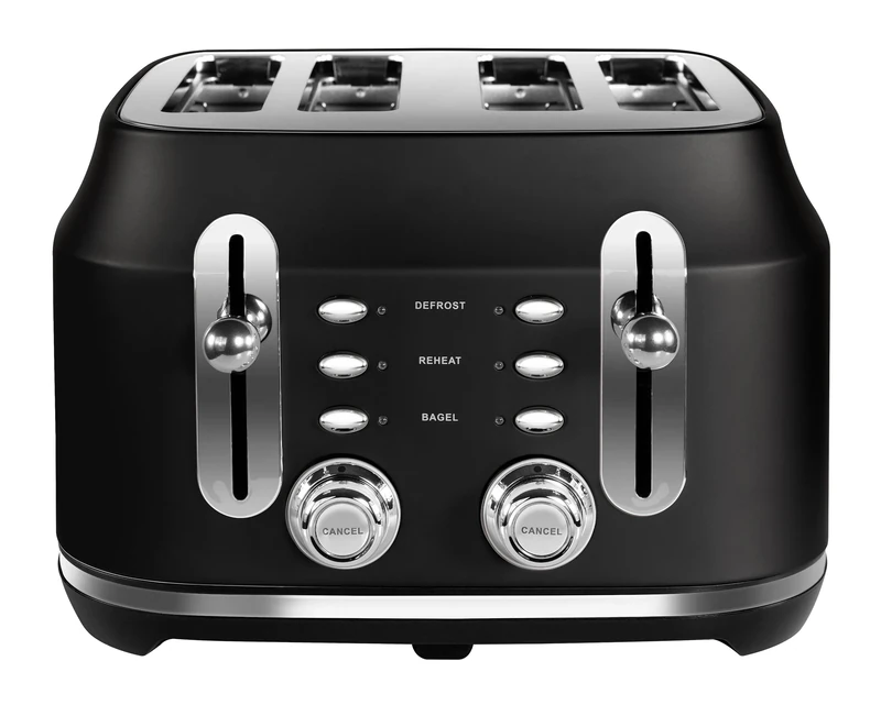Rangemaster RMCL4S201BK Classic Black 2.1kW 4 Slice Toaster with Defrost, Cancel & Reheat Functions, Removable Crumb Tray & 6 Power Levels with 3 Year Guarantee