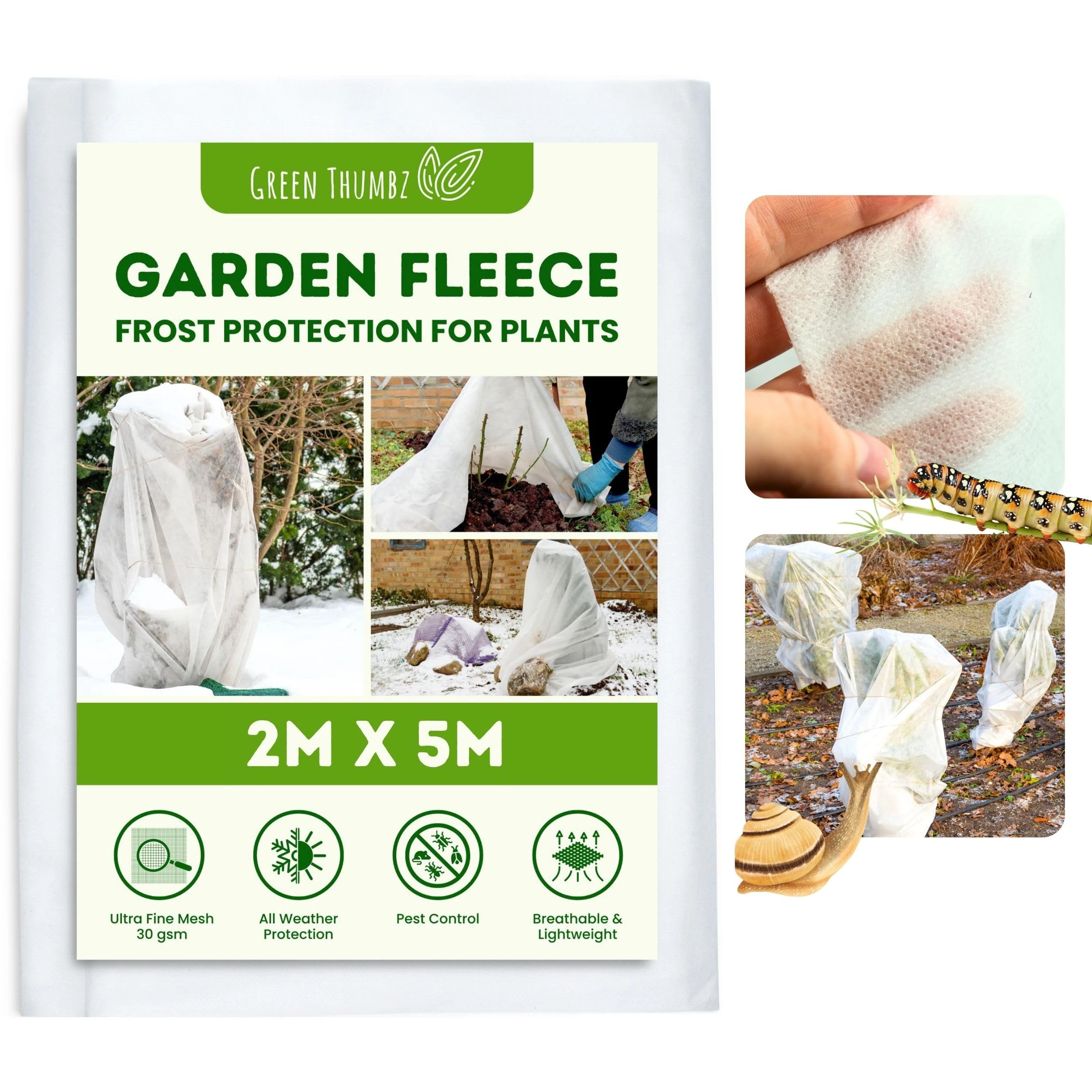 Green Thumbz Garden Fleece Frost Protection - 2m x 5m Plant Fleece Frost Protection for Growing Vegetables - Horticultural Fleece for Plants Protection Frost - Garden Netting for Garden Plants