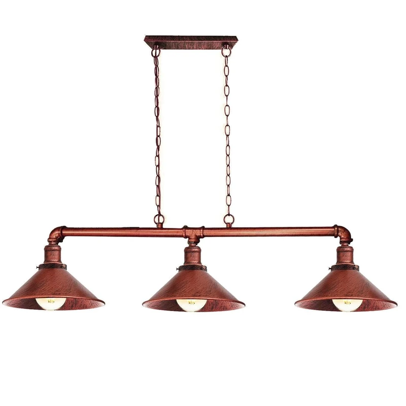 LEDSone Retro Style Rustic Red Steampunk Metal 3 Way Bar Over Table Water Pipe Ceiling Light Fitting Vintage Industrial Suspended Pendant Lamp for Living Room, Dining Room, Loft