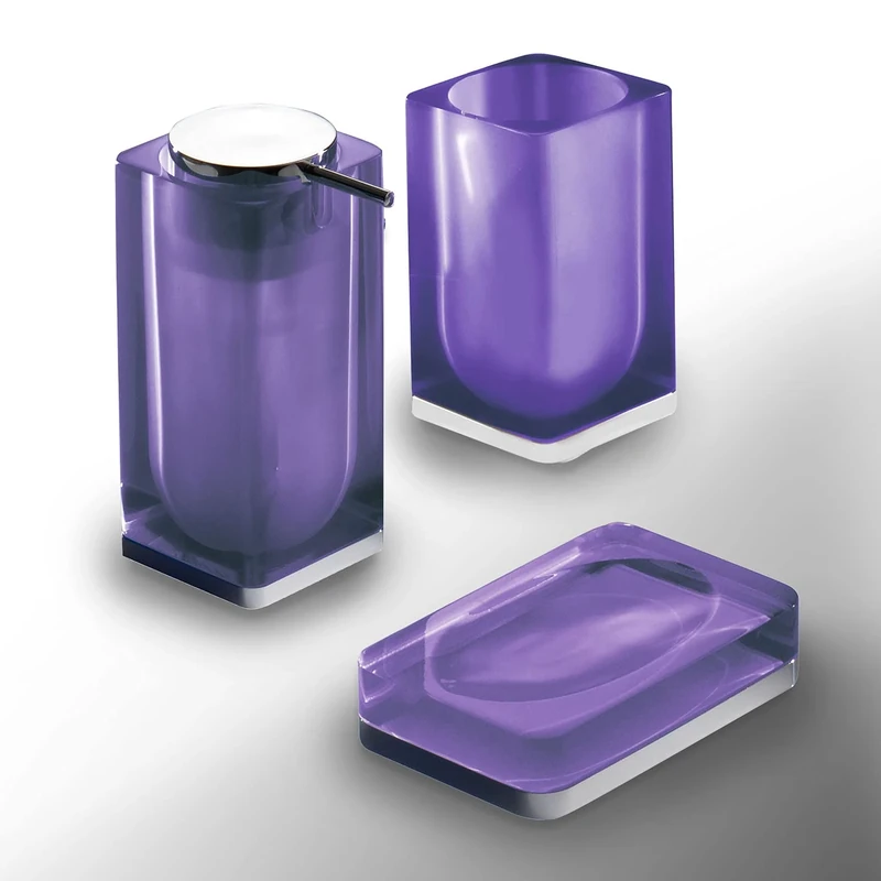 Gedy Iceberg Set of 3 Colours, Soap Dish, Soap Dispenser, Bathroom Toothbrush Holder, 3 Products Made in Resin, Purple Finish, 2 Years, R&D Design, Unique