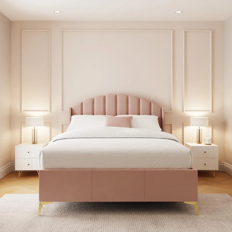 GFW Pettine Ottoman Bed King Size, Padded Plush Velvet & Hardwood Frame, Scallop Shell Winged Headboard, With Hydraulic End Lift For Under Bed Storage