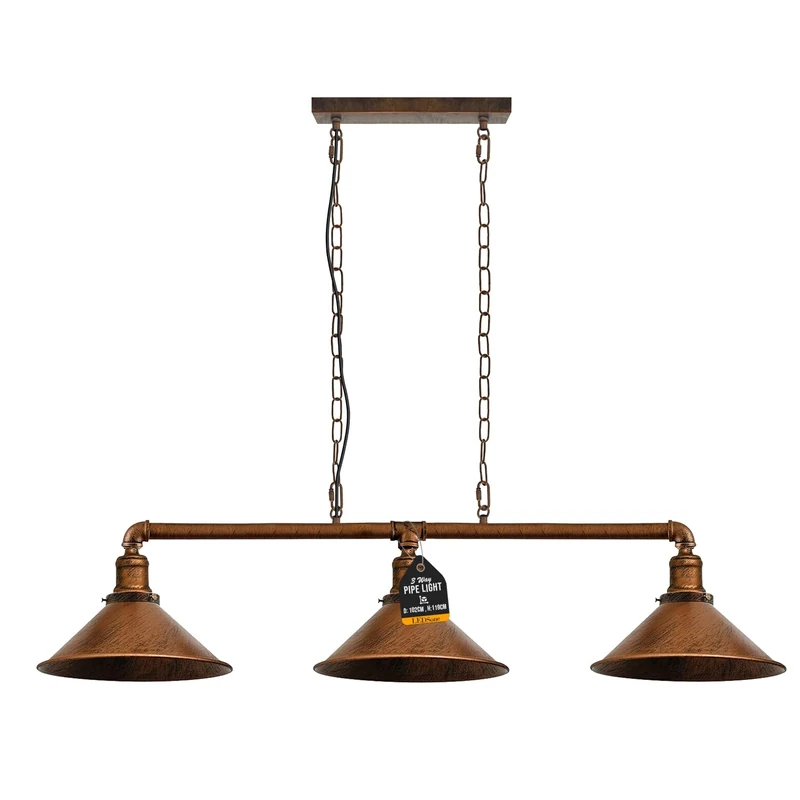 LEDSone Industrial 3-Way Steampunk Pipe Ceiling Light Brushed Copper Vintage Metal Pendant Fixture with Cone Lampshades E27 Base Ideal for Kitchen, Bar, Café, Living Room