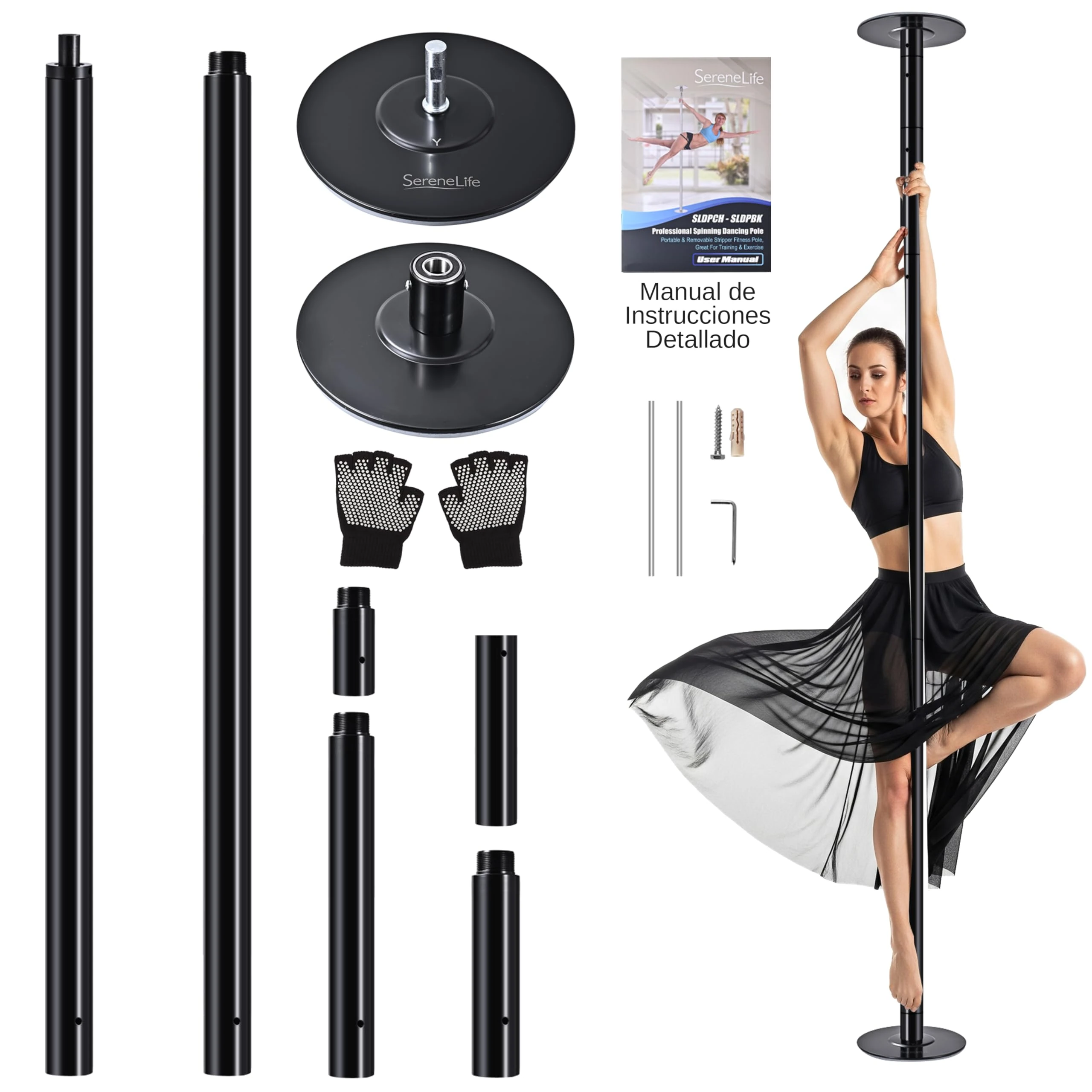 SereneLife Professional Upgrade Spinning Dance Pole - Portable & Removable Stripper Fitness Pole, Adjustable & Smooth Connection, Great for Training & Exercise Black