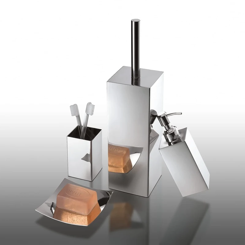 Gedy Chrome, Perth 4 Pieces, 1 Solid Door, 1 Toilet Brush, 1 Soap Dispenser, 1 Bathroom Toothbrush Holder, Set Made of Stainless Steel, Finish, R&D Design, 2 Years Warranty, Unique