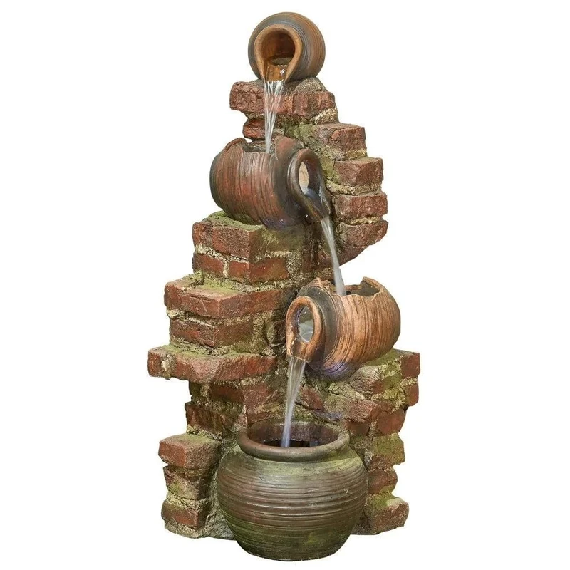 Easy Fountain Flowing Jugs with LED Lights Garden Water Feature – Self-Contained Outdoor Fountain with Recirculating Pump, Polyresin, for Patio & Garden - Image 1