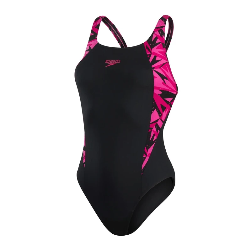 Speedo Women's HyperBoom Splice Muscleback Swimsuit | Classic Design | Quick Drying | Training | Fitness | Chlorine Resistant, Black/Electric Pink/Ecstatic Pink, 34