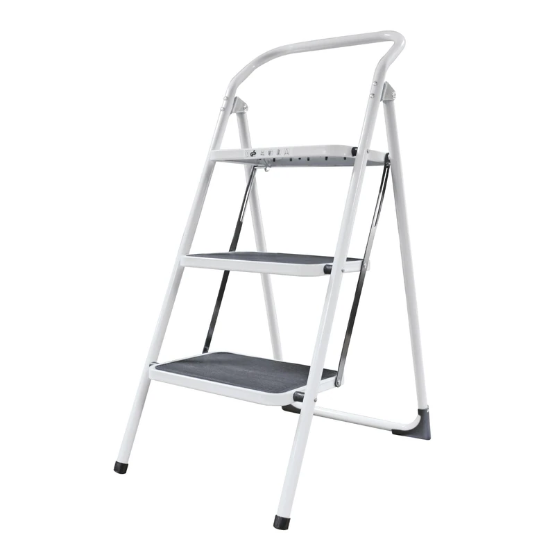 Amig - Folding Steel Stool - 3 Non-Slip Treads - Max Load 150 kg - Professional & Domestic Use - Space-Saving Design - Ideal for Small Heights, White, 103 cm, Alloy Steel