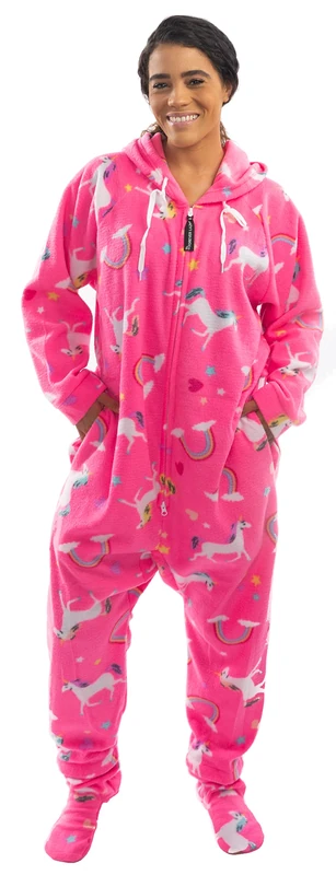 Forever Lazy Footed Adult Onesies, One-Piece Pyjama Jumpsuits for Men and Women, Unisex, with Detachable Feet, Pink, unicorn., L
