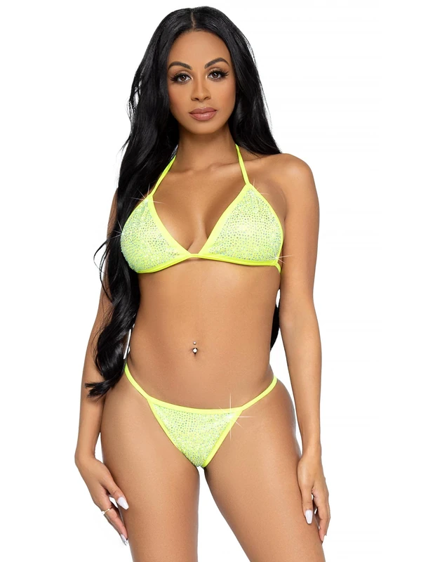Leg Avenue Womens Rhinestone Bikini Tie Top and Cheeky Ruched Bottoms Lingerie Set, Neon Yellow, S