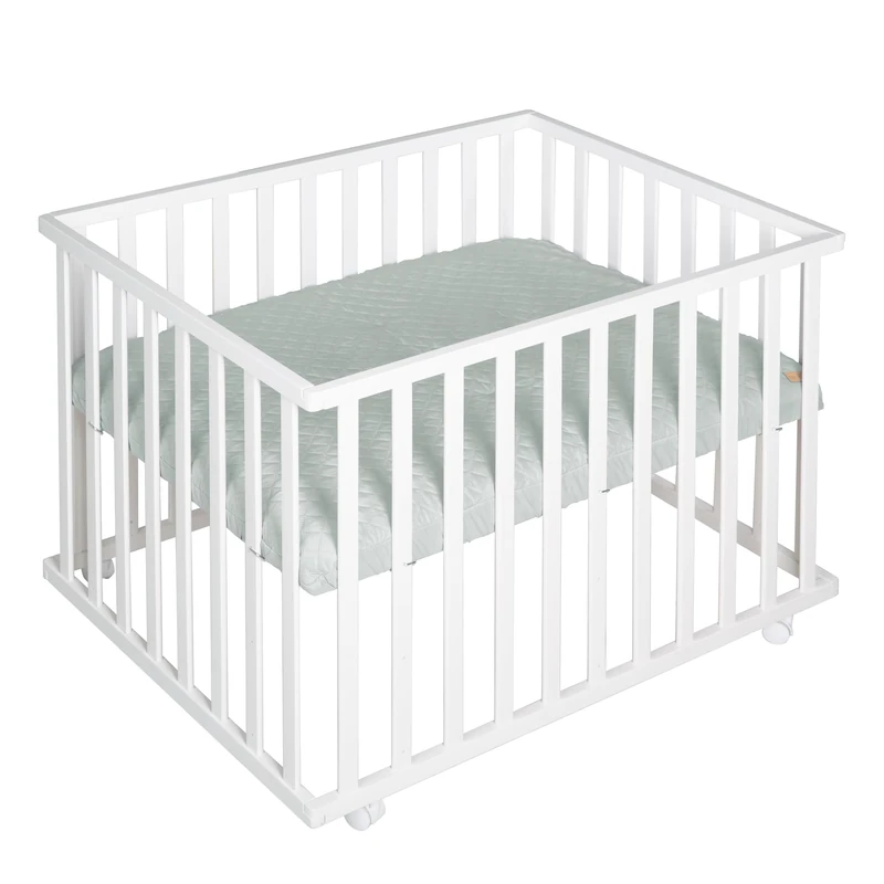 roba Rectangular Playpen 'roba Style' - incl. Green Inlay and Castors with Brakes - Baby Crawling Yard (White) - Image 1