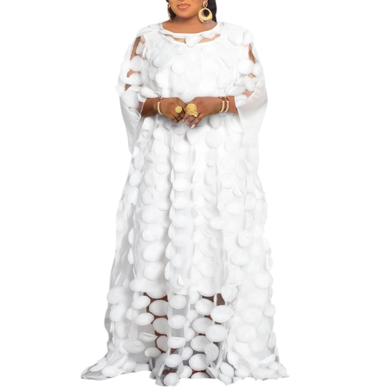 HD African Women Applique Flower Dress Boat Neck Chiffon Kaftan Dress One Size, White-dot, One Size