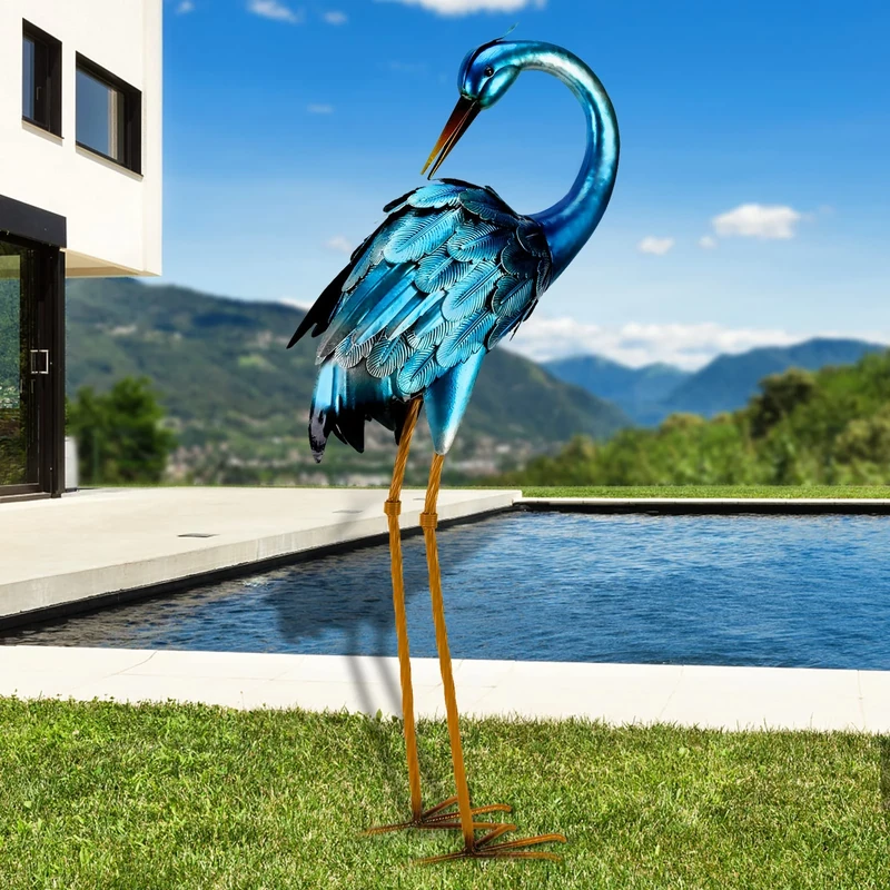 Chisheen Metal Crane Garden Statue, Blue Heron Sculpture Yard Art, Large Heron Decoy, Bird Statues, Lawn Ornaments for Backyard Pond Patio Porch Outside Decorations