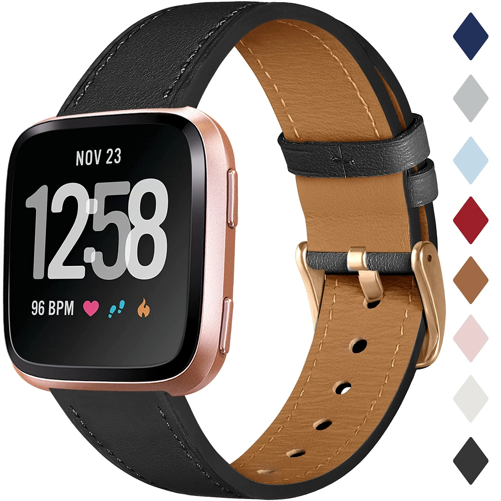 CeMiKa Leather Strap Compatible with Fitbit Versa/Fitbit Versa 2 Strap, Classic Replacement Leather Straps Compatible with Fitbit Versa 1/2/Lite, Black/Rose Gold