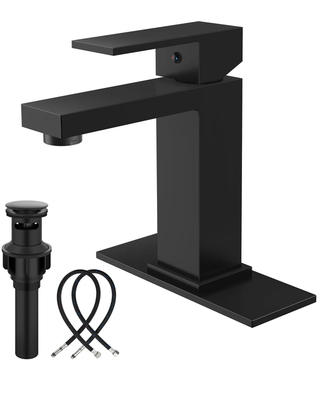 Midanya Matte Black Bathroom Sink Faucet 1 Hole Single Handle Deck Mount Lavatory Mixer Tap Include Pop Up Drain with Overflow One Lever Stainless Steel SUS304 Commercial