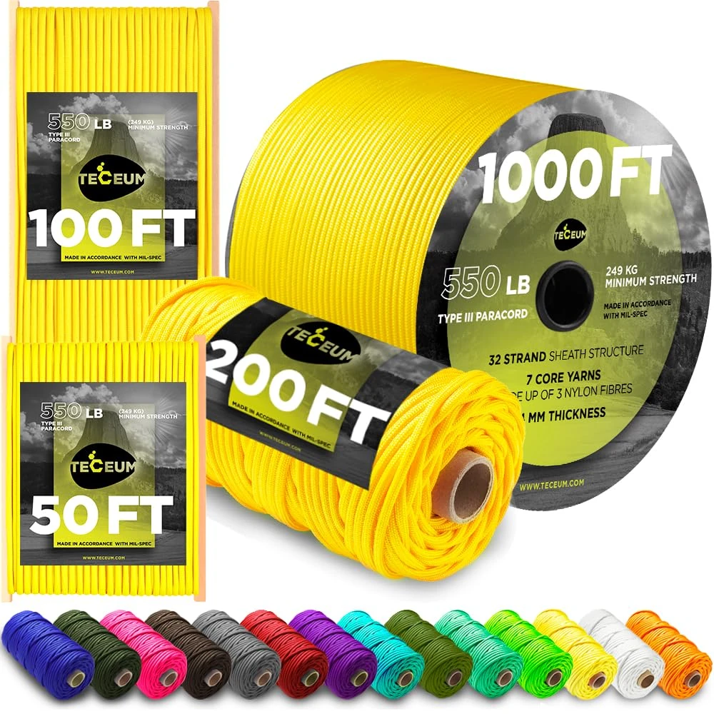 TECEUM Paracord Type III 550 Yellow Pastel – 30 m – 4mm – Tactical Rope MIL-SPEC – Outdoor Para Cord – Camping Hiking Fishing Gear and Equipment – EDC Parachute Cord – Strong Survival Rope (100ft) 419