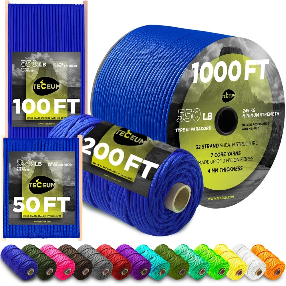 TECEUM Paracord Type III 550 Simple Blue – 15 m – 4mm – Tactical Rope MIL-SPEC – Outdoor Para Cord – Camping Hiking Fishing Gear and Equipment – EDC Parachute Cord – Strong Survival Rope (50ft) 001