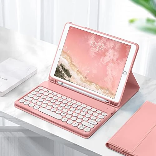 Disonbeir Keyboard Case for iPad 9th Generation 10.2" 8th 7th Gen, Air 3rd Gen, iPad Pro 10.5" Cute Round Key Removable BT Color Keyboard Cover with Pencil Holder (Pink)