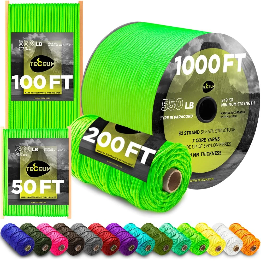 TECEUM Paracord Type III 550 Neon Green – 15 m – 4mm – Tactical Rope MIL-SPEC – Outdoor Para Cord – Camping Hiking Fishing Gear and Equipment – EDC Parachute Cord – Strong Survival Rope (50ft) 462