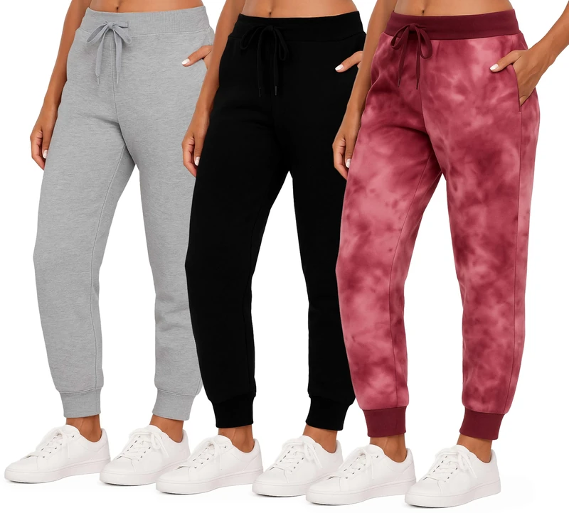 3 Pack: Women’s Fleece Jogger Trousers Sweatpants Tracksuit Running Bottoms French Terry Running Sports Lounge Active Ladies Warm Sweat Jogging Track Pants Casual Athletic Camo Pockets-Set 1, L