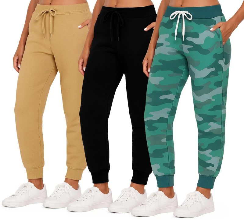 3 Pack: Women’s Fleece Jogger Trousers Sweatpants Tracksuit Running Bottoms French Terry Running Sports Lounge Active Ladies Warm Sweat Jogging Track Pants Casual Athletic Camo Pockets-Set 3, M