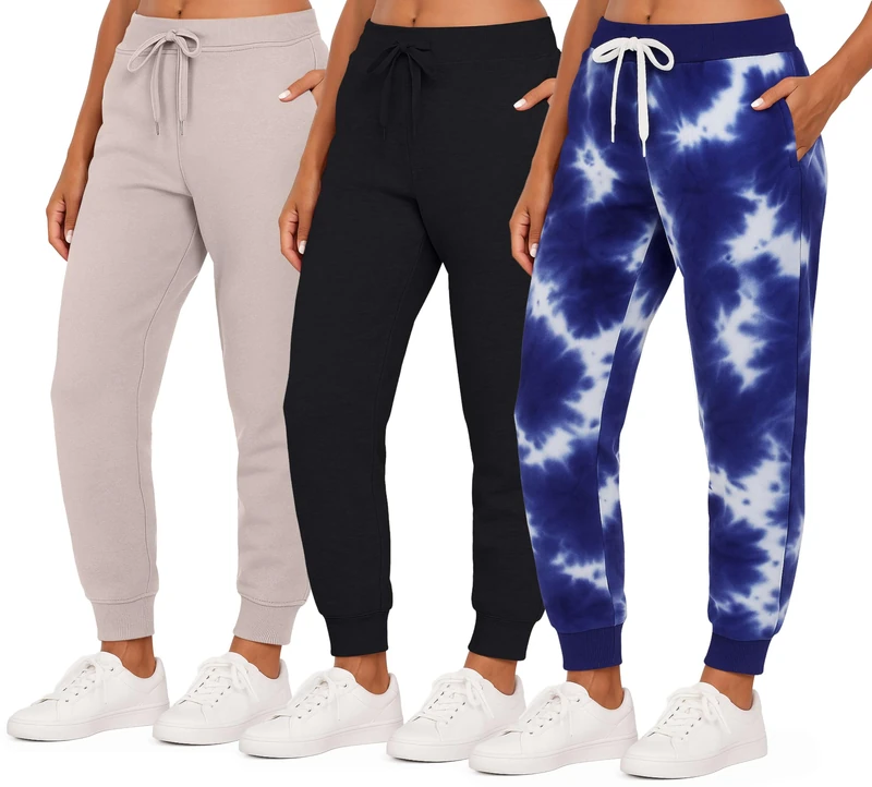 3 Pack: Women’s Fleece Jogger Trousers Sweatpants Tracksuit Running Bottoms French Terry Running Sports Lounge Active Ladies Warm Sweat Jogging Track Pants Casual Athletic Camo Pockets-Set 4, L