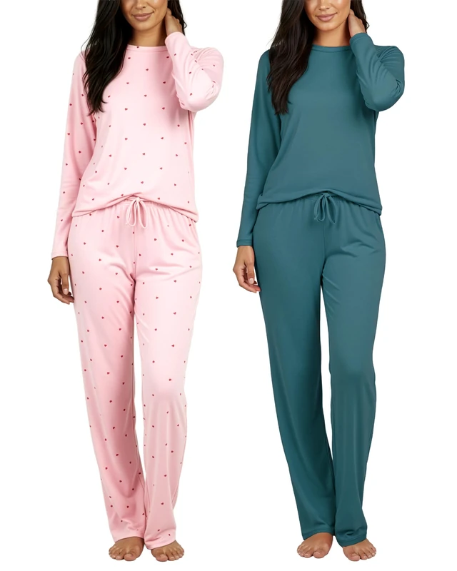 Real Essentials Women's Pyjama Set, Long Sleeve Set F, XL