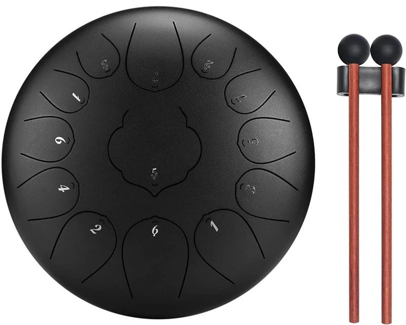 AYCLIF Steel Tongue Drum, 12 Inch 13 Note Hand Pan Drum with Mallets, Instruction, Finger Picks and Carry Bag, D Major Percussion Instrument for Music Education, Meditation, Yoga, Black (AYC-0003)