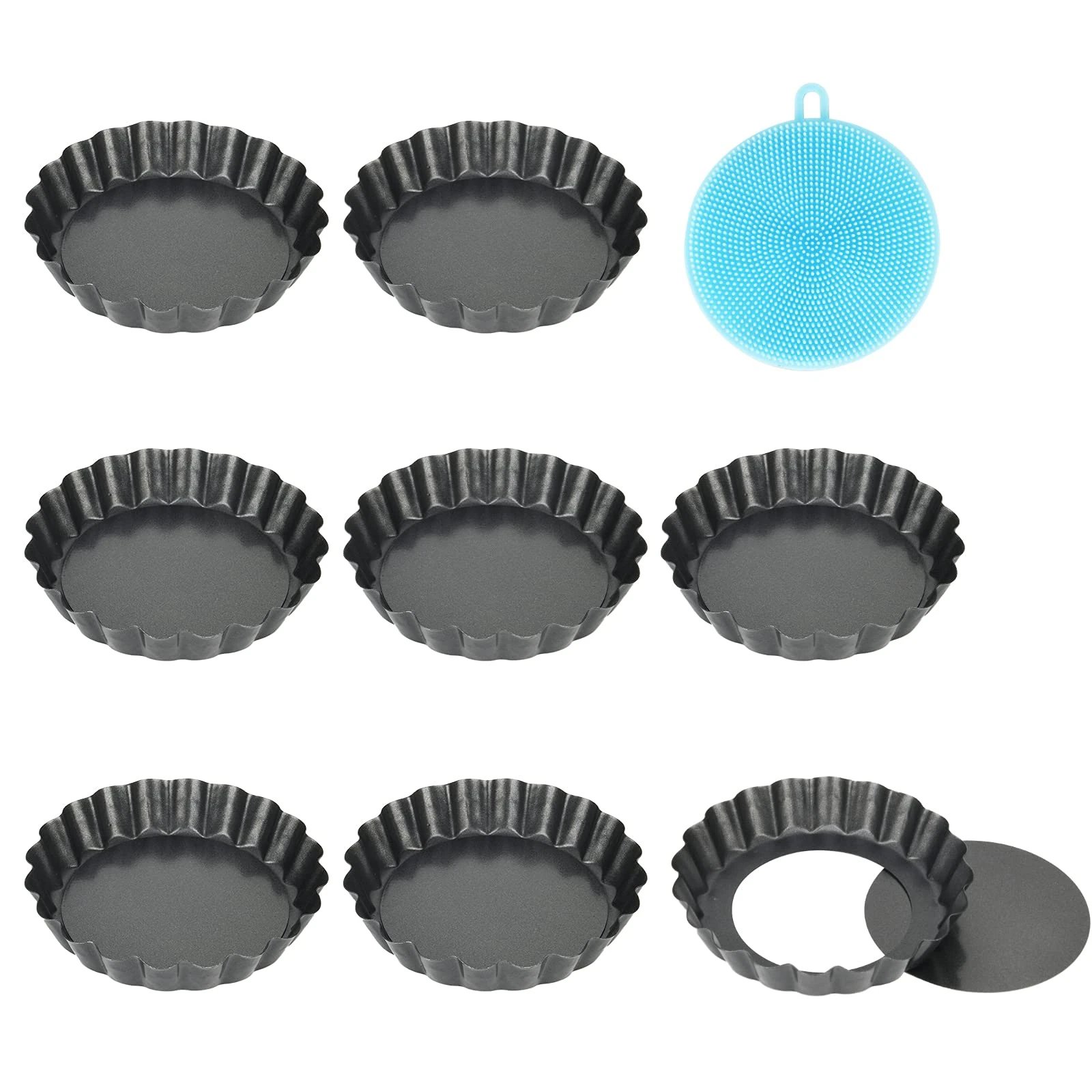 Highkit 8 Pack Tart Tins with Loose Base, Non Stick Flan Tin Mini 4 inch / 10 cm X8 Fluted Round Pie Dish for Baking Quiche Pie Tartlet, Carbon Steel (10cm×8)