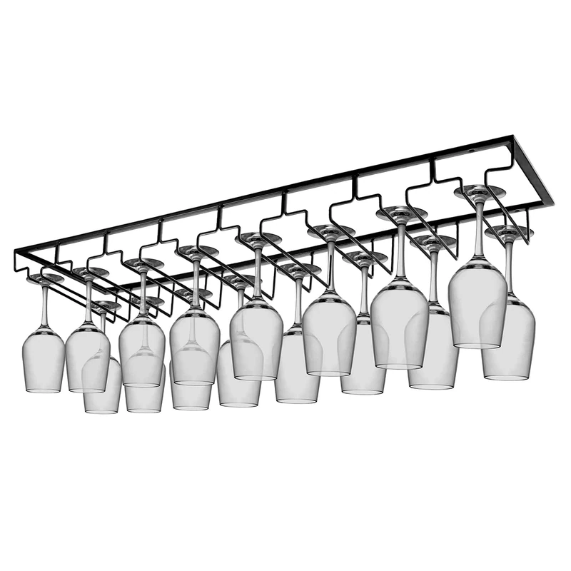 Wine Glass Rack Under Cabinet Wine Glass Holder 8 Rows Metal Black Stemware Hanging Rack Large Shelf Mounted Wine Glasses Storage Hanger Organizer for DIY Home Bar Kitchen Restaurant Hotel Bartender - Image 1