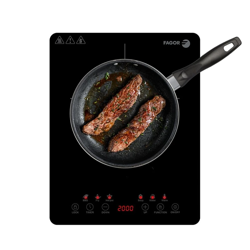 Fagor - Lexie Portable Induction Hob, 2000W Power and Ultra Slim Design, Touch Screen and 6 Functions, 9 Heat Settings, Black