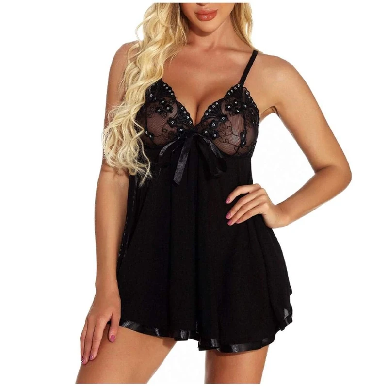 Women's Erotic Baby Dolls Sexy Transparent Embroidery Lingerie Women Soft Sleepwear Jumpsuits Camisole Sling Pajamas-Negro_S Black