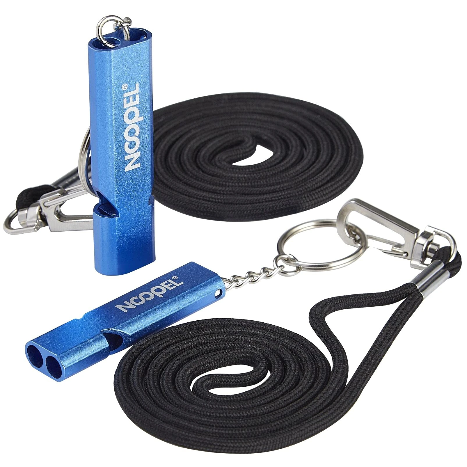 Emergency Survival Whistle Noopel Double Tubes Safety Whistles 2 pack with lanyard and keychain for Boating Outdoor Camping Hiking Hunting Sports Dog Training (2 Pack Blue)